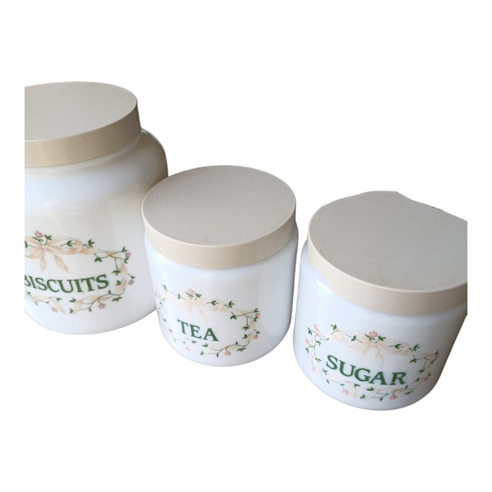 "ETERNAL BEAU" Pyrex Storage Set 3 Jars & Lids- Italy Johnson Brothers